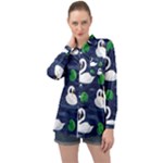 Swan-pattern-elegant-design Long Sleeve Satin Shirt