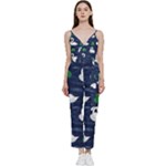 Swan-pattern-elegant-design V-Neck Spaghetti Strap Tie Front Jumpsuit