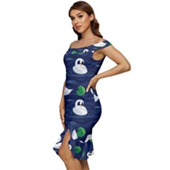 Off Shoulder Ruffle Split Hem Bodycon Dress 