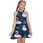 Swan-pattern-elegant-design Kids  Halter Collar Waist Tie Chiffon Dress