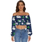 Swan-pattern-elegant-design Long Sleeve Crinkled Weave Crop Top