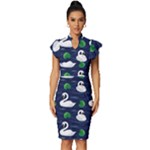 Swan-pattern-elegant-design Vintage Frill Sleeve V-Neck Bodycon Dress