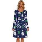 Swan-pattern-elegant-design Long Sleeve Dress With Pocket