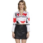 I love sauces Long Sleeve Tie Back Satin Wrap Top