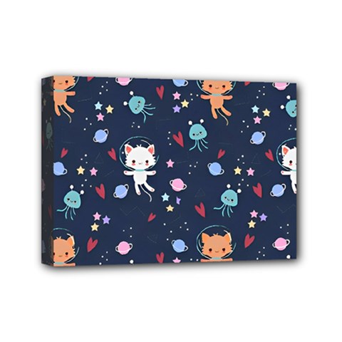 Cute Astronaut Cat With Star Galaxy Elements Seamless Pattern Mini Canvas 7  x 5  (Stretched) from ArtsNow.com