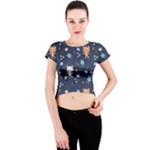 Cute Astronaut Cat With Star Galaxy Elements Seamless Pattern Crew Neck Crop Top