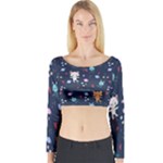 Cute Astronaut Cat With Star Galaxy Elements Seamless Pattern Long Sleeve Crop Top