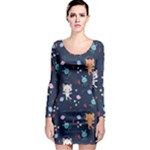 Cute Astronaut Cat With Star Galaxy Elements Seamless Pattern Long Sleeve Bodycon Dress