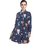 Cute Astronaut Cat With Star Galaxy Elements Seamless Pattern Long Sleeve Chiffon Shirt Dress