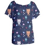 Cute Astronaut Cat With Star Galaxy Elements Seamless Pattern Women s Oversized Tee