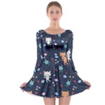 Cute Astronaut Cat With Star Galaxy Elements Seamless Pattern Long Sleeve Skater Dress