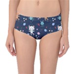 Cute Astronaut Cat With Star Galaxy Elements Seamless Pattern Mid-Waist Bikini Bottoms