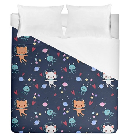 Cute Astronaut Cat With Star Galaxy Elements Seamless Pattern Duvet Cover (Queen Size) from ArtsNow.com