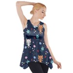 Cute Astronaut Cat With Star Galaxy Elements Seamless Pattern Side Drop Tank Tunic