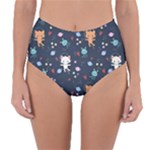 Cute Astronaut Cat With Star Galaxy Elements Seamless Pattern Reversible High-Waist Bikini Bottoms