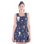 Cute Astronaut Cat With Star Galaxy Elements Seamless Pattern Scoop Neck Skater Dress