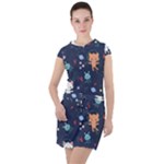 Cute Astronaut Cat With Star Galaxy Elements Seamless Pattern Drawstring Hooded Dress