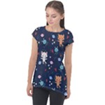 Cute Astronaut Cat With Star Galaxy Elements Seamless Pattern Cap Sleeve High Low Top