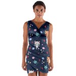 Cute Astronaut Cat With Star Galaxy Elements Seamless Pattern Wrap Front Bodycon Dress