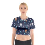 Cute Astronaut Cat With Star Galaxy Elements Seamless Pattern Cotton Crop Top
