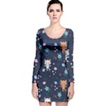 Cute Astronaut Cat With Star Galaxy Elements Seamless Pattern Long Sleeve Velvet Bodycon Dress