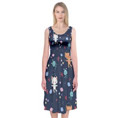 Cute Astronaut Cat With Star Galaxy Elements Seamless Pattern Midi Sleeveless Dress from ArtsNow.com