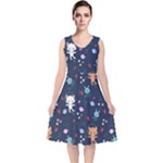 Cute Astronaut Cat With Star Galaxy Elements Seamless Pattern V-Neck Midi Sleeveless Dress 