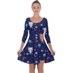 Cute Astronaut Cat With Star Galaxy Elements Seamless Pattern Quarter Sleeve Skater Dress