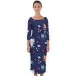 Cute Astronaut Cat With Star Galaxy Elements Seamless Pattern Quarter Sleeve Midi Bodycon Dress