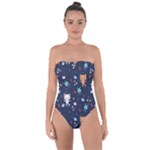 Cute Astronaut Cat With Star Galaxy Elements Seamless Pattern Tie Back One Piece Swimsuit