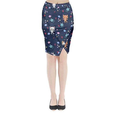 Cute Astronaut Cat With Star Galaxy Elements Seamless Pattern Midi Wrap Pencil Skirt from ArtsNow.com