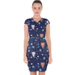 Cute Astronaut Cat With Star Galaxy Elements Seamless Pattern Capsleeve Drawstring Dress 