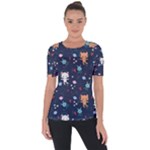 Cute Astronaut Cat With Star Galaxy Elements Seamless Pattern Shoulder Cut Out Short Sleeve Top