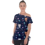 Cute Astronaut Cat With Star Galaxy Elements Seamless Pattern Off Shoulder Tie-Up Tee