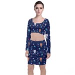 Cute Astronaut Cat With Star Galaxy Elements Seamless Pattern Top and Skirt Sets