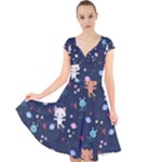 Cute Astronaut Cat With Star Galaxy Elements Seamless Pattern Cap Sleeve Front Wrap Midi Dress