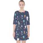 Cute Astronaut Cat With Star Galaxy Elements Seamless Pattern Quarter Sleeve Pocket Dress