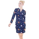 Cute Astronaut Cat With Star Galaxy Elements Seamless Pattern Button Long Sleeve Dress