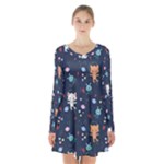 Cute Astronaut Cat With Star Galaxy Elements Seamless Pattern Long Sleeve Velvet V-neck Dress