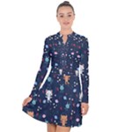 Cute Astronaut Cat With Star Galaxy Elements Seamless Pattern Long Sleeve Panel Dress