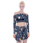 Cute Astronaut Cat With Star Galaxy Elements Seamless Pattern Off Shoulder Top with Mini Skirt Set