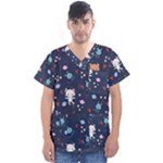 Cute Astronaut Cat With Star Galaxy Elements Seamless Pattern Men s V-Neck Scrub Top