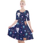 Cute Astronaut Cat With Star Galaxy Elements Seamless Pattern Quarter Sleeve A-Line Dress