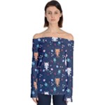 Cute Astronaut Cat With Star Galaxy Elements Seamless Pattern Off Shoulder Long Sleeve Top