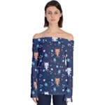 Cute Astronaut Cat With Star Galaxy Elements Seamless Pattern Off Shoulder Long Sleeve Top