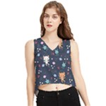 Cute Astronaut Cat With Star Galaxy Elements Seamless Pattern V-Neck Cropped Tank Top