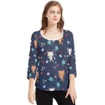 Cute Astronaut Cat With Star Galaxy Elements Seamless Pattern Chiffon Quarter Sleeve Blouse