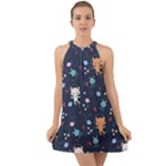 Cute Astronaut Cat With Star Galaxy Elements Seamless Pattern Halter Tie Back Chiffon Dress