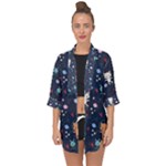 Cute Astronaut Cat With Star Galaxy Elements Seamless Pattern Open Front Chiffon Kimono