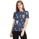 Cute Astronaut Cat With Star Galaxy Elements Seamless Pattern Women s Short Sleeve Rash Guard